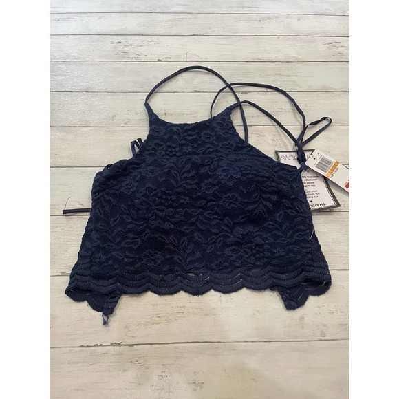 CITY STUDIO Juniors Lace-Up Top only size 3 navy lace grandma core sheer blouse - Picture 4 of 7